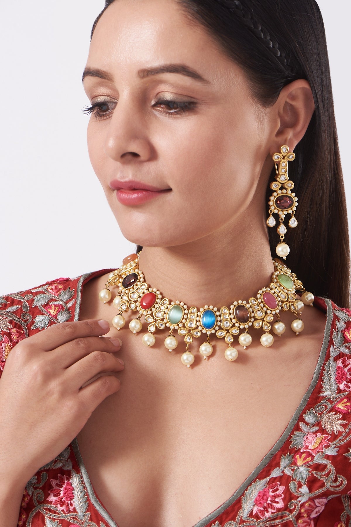 Gold Plated Necklace Set With Kundan Navratna