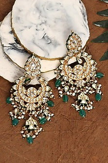 Gold Plated Green Kundan Polki & Pearl Chandbali Earrings In Sterling Silver