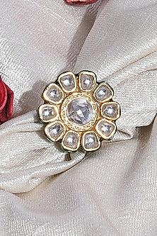 Gold Plated White Kundan Polki & Pearl Ring In Sterling Silver