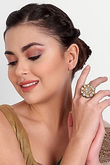 Gold Plated White Kundan Polki & Pearl Ring In Sterling Silver