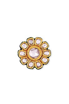 Gold Plated White Kundan Polki & Pearl Ring In Sterling Silver