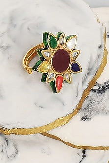 Gold Plated Multi-Colored Kundan Polki & Pearl Ring In Sterling Silver