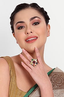 Gold Plated Multi-Colored Kundan Polki & Pearl Ring In Sterling Silver