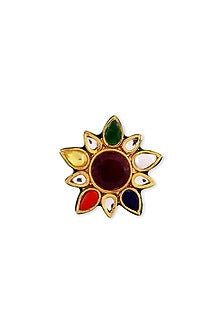 Gold Plated Multi-Colored Kundan Polki & Pearl Ring In Sterling Silver