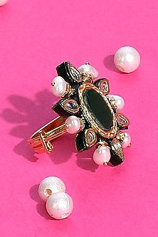 Gold Plated Green Kundan Polki & Pearl Ring In Sterling Silver