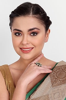 Gold Plated Green Kundan Polki & Pearl Ring In Sterling Silver