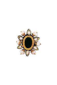 Gold Plated Green Kundan Polki & Pearl Ring In Sterling Silver