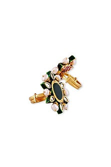 Gold Plated Green Kundan Polki & Pearl Ring In Sterling Silver