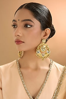 Gold Finish Kundan Polki & Pearl Dangler Earrings
