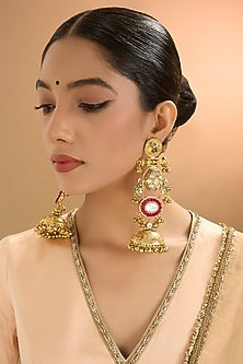 Gold Finish Kundan Polki & Pearl Jhumka Earrings