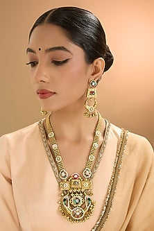 Gold Finish Kundan Polki & Pearl Long Necklace Set