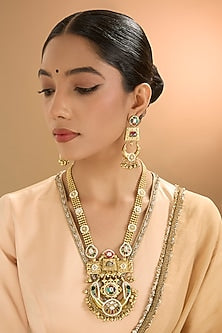 Gold Finish Kundan Polki & Pearl Long Necklace Set