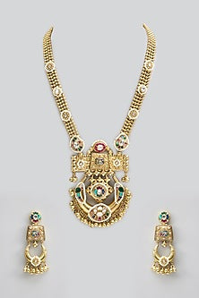 Gold Finish Kundan Polki & Pearl Long Necklace Set