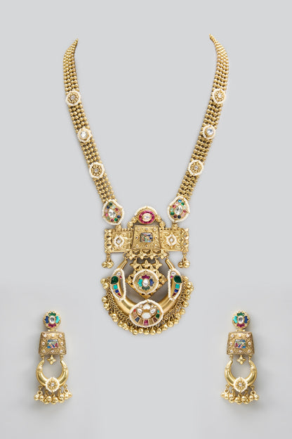 Gold Finish Kundan Polki & Pearl Long Necklace Set