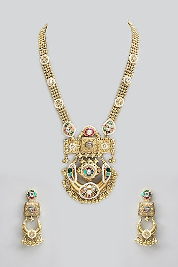 Gold Finish Kundan Polki & Pearl Long Necklace Set