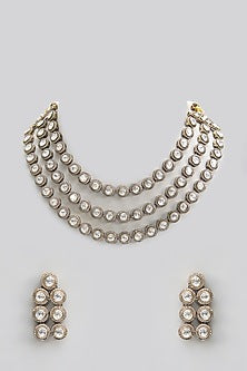 Gold Finish Kundan Polki & Pearl Layered Necklace Set