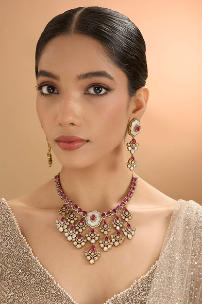 Gold Finish Kundan Polki & Pearl Necklace Set