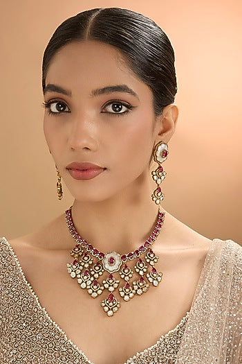 Gold Finish Kundan Polki & Pearl Necklace Set