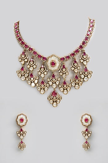 Gold Finish Kundan Polki & Pearl Necklace Set