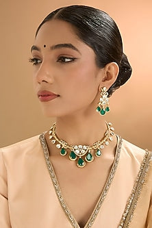 Gold Finish Kundan Polki & Pearl Necklace Set