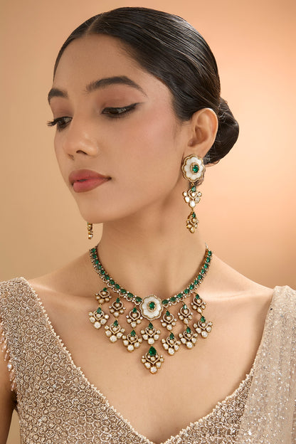 Gold Finish Kundan Polki & Pearl Necklace Set