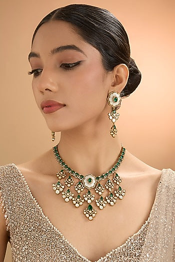 Gold Finish Kundan Polki & Pearl Necklace Set