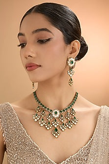 Gold Finish Kundan Polki & Pearl Necklace Set