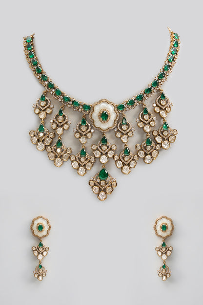 Gold Finish Kundan Polki & Pearl Necklace Set