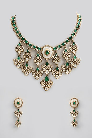 Gold Finish Kundan Polki & Pearl Necklace Set