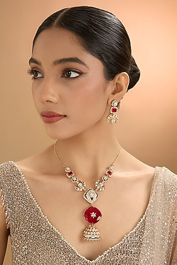 Gold Finish Kundan Polki & Pearl Necklace Set