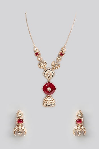 Gold Finish Kundan Polki & Pearl Necklace Set