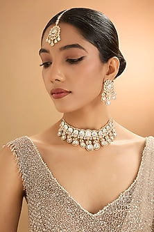 Gold Finish Kundan Polki & Pearl Necklace Set