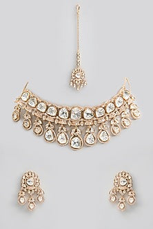 Gold Finish Kundan Polki & Pearl Necklace Set