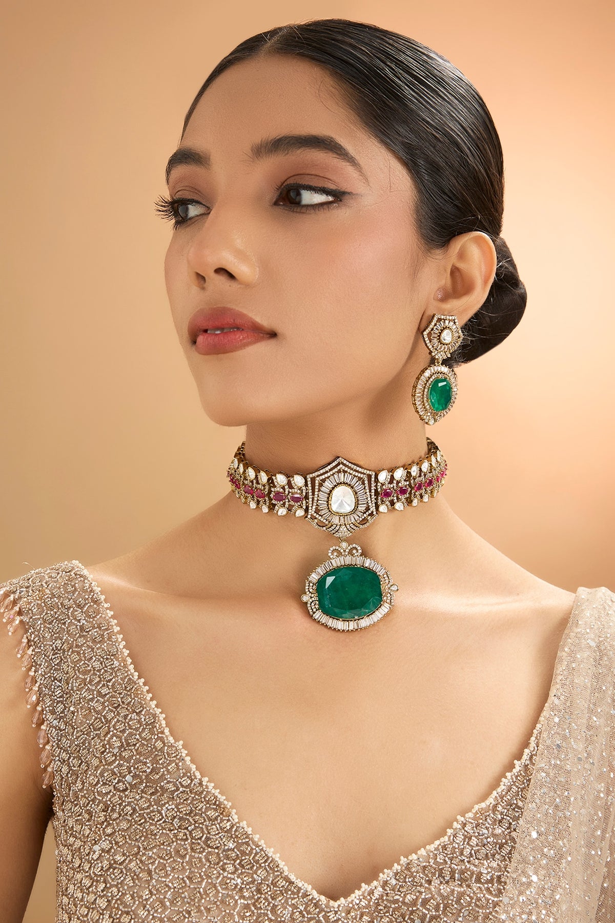 Gold Finish Kundan Polki & Pearl Choker Necklace Set