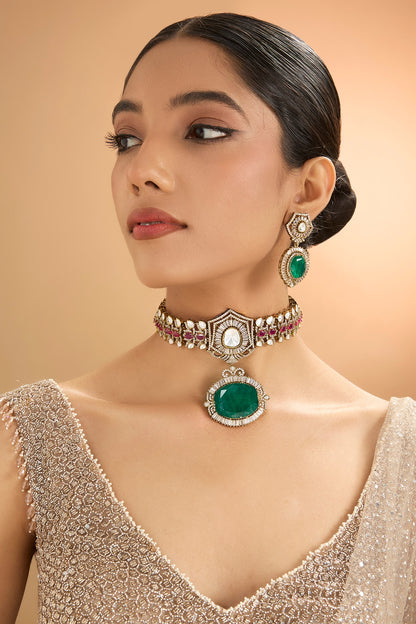 Gold Finish Kundan Polki & Pearl Choker Necklace Set