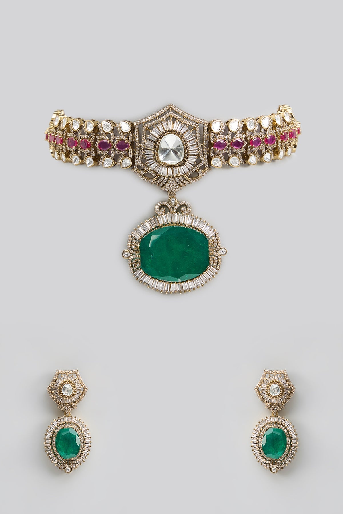 Gold Finish Kundan Polki & Pearl Choker Necklace Set
