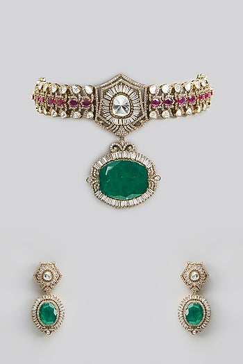 Gold Finish Kundan Polki & Pearl Choker Necklace Set