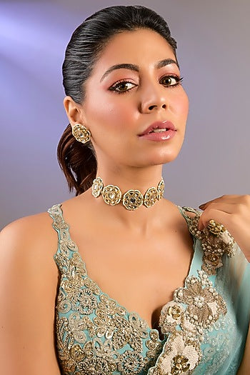Gold Finish Kundan Beaded & Pearl Handcrafted Choker Necklace Set