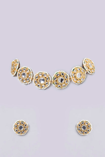 Gold Finish Kundan Beaded & Pearl Handcrafted Choker Necklace Set