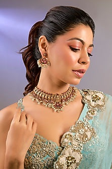 Gold Finish Kundan Polki Necklace Set
