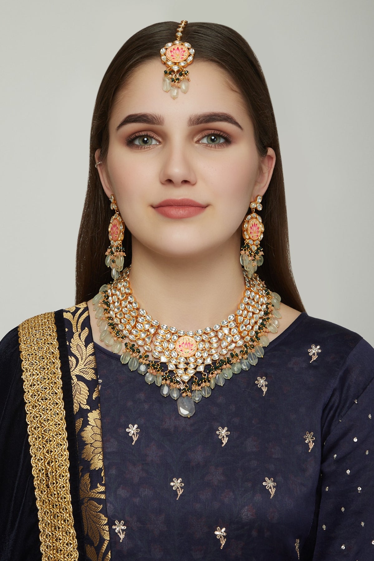 Gold Finish Grey Stone Necklace Set With Maang Tikka