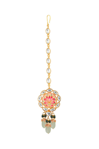 Gold Finish Grey Stone Necklace Set With Maang Tikka