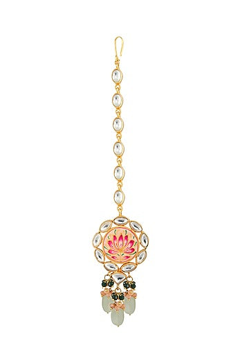 Gold Finish Grey Stone Necklace Set With Maang Tikka