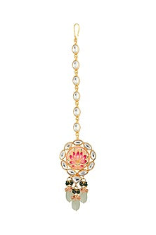 Gold Finish Grey Stone Necklace Set With Maang Tikka