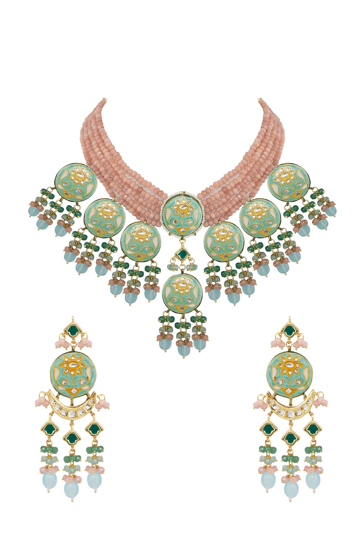 Gold Finish Orange Stone Necklace Set With Maang Tikka