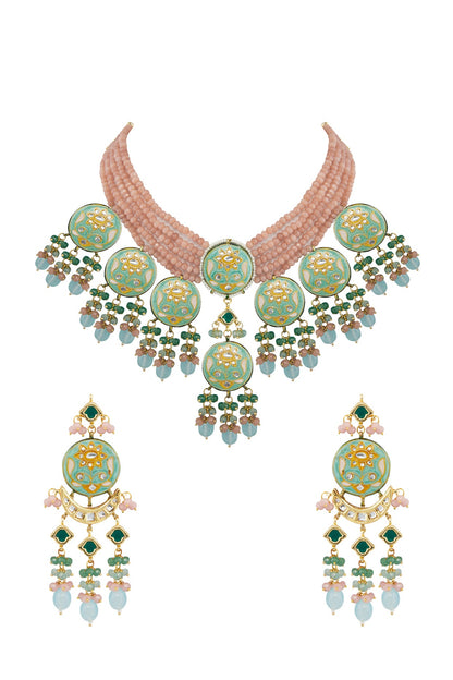 Gold Finish Orange Stone Necklace Set With Maang Tikka