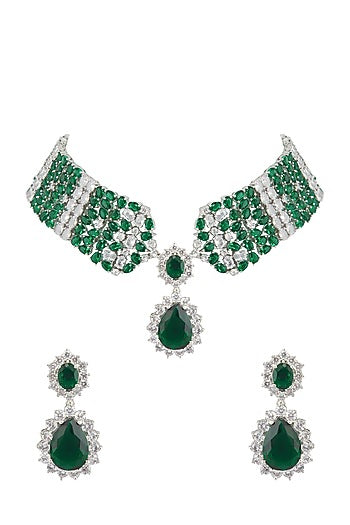 White Finish Diamond Necklace Set