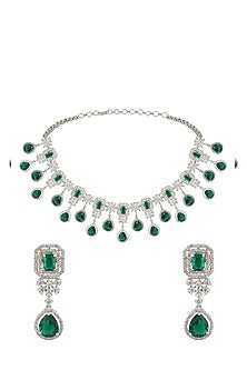 White Finish Green Stone Necklace Set