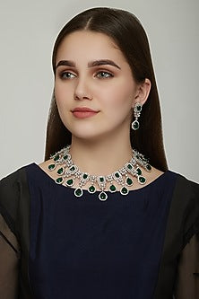 White Finish Green Stone Necklace Set