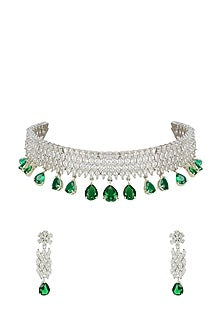 Silver Finish Green Semi Precious Stone Choker Necklace Set